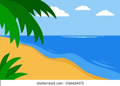 South sea coast, beach, seashore, landscape summer. Sea, sand, palm leaves. Vacation by sea, relaxing on beach. Vector illustration
