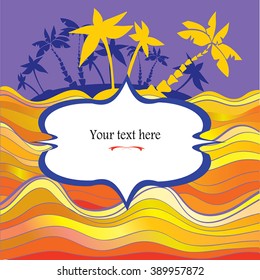 South sea evening vector illustration with vintage label frame for text - greeting card, invitation, motivational poster. Gold sea waves, tropical island silhouette. Blue twilight sky. Eps 10.