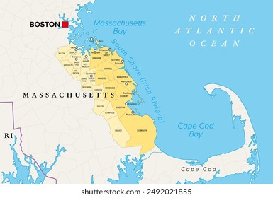 South Shore or Irish Riviera of Massachusetts, political map with municipalities. Geographic region stretching from Boston toward Cape Cod along the shores of Massachusetts Bay and Cape Cod Bay.