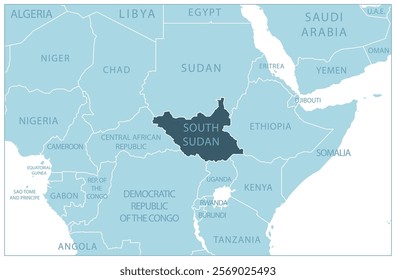 South Sudan - blue map with neighboring countries and names. Vector illustration