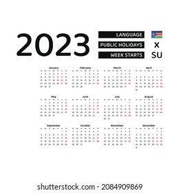 South Sudan Calendar 2023. Week starts from Sunday. Vector graphic design. English language.