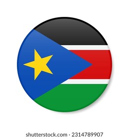 South Sudan circle button icon. South Sudanese round badge flag with shadow. 3D realistic vector illustration isolated on white.