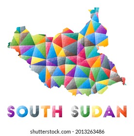 South Sudan - colorful low poly country shape. Multicolor geometric triangles. Modern trendy design. Vector illustration.