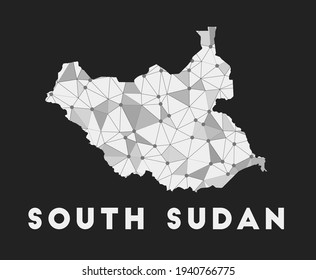 South Sudan communication network map with a trendy geometric design on a dark background. Technology, internet, network, and telecommunication concept. Vector illustration.