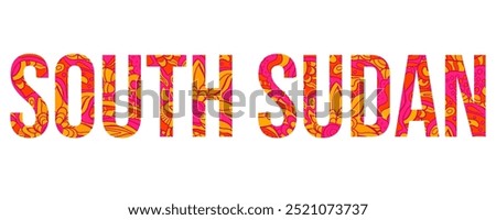 South Sudan country creative text design filled with colorful doodle pattern	