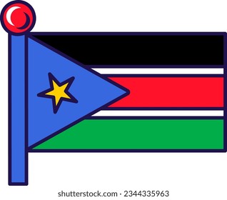 South Sudan country flag on flagpole for registration of solemn event, meeting foreign guests. South Sudan official flag on pole of participating states. Simple vector isolated on white background
