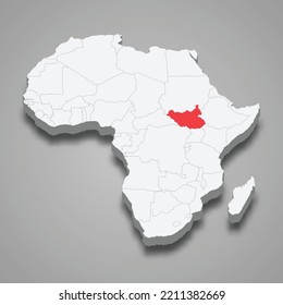 South Sudan country location within Africa. 3d isometric map