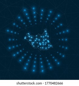 South Sudan digital map. Glowing rays radiating from the country. Network connections and telecommunication design. Vector illustration.
