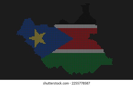 South Sudan dotted map flag with grunge texture in mosaic dot style. Abstract pixel vector illustration of a country map with halftone effect for infographic. 
