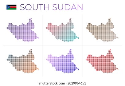 South Sudan dotted map set. Map of South Sudan in dotted style. Borders of the country filled with beautiful smooth gradient circles. Trendy vector illustration.