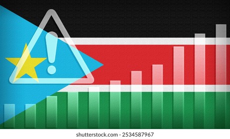 South Sudan flag with burlap texture, warning sign, and rising bar chart symbolizing increasing risk or growth challenges in the country. Ideal for data presentations.