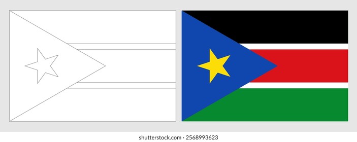 South Sudan flag - coloring page. Set of white wireframe thin black outline flag and original colored flag.