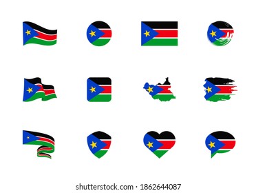 South Sudan flag - flat collection. Flags of different shaped twelve flat icons. Vector illustration set
