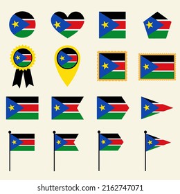 South Sudan flag icon set in 16 shape versions. Collection of South Sudan flag icons with square, circle, heart, triangle, medal, stamp and location shapes.