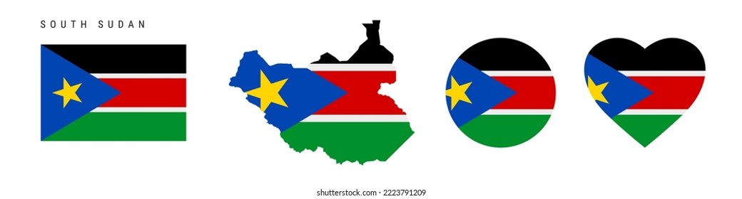 South Sudan flag icon set. South Sudanese pennant in official colors and proportions. Rectangular, map-shaped, circle and heart-shaped. Flat vector illustration isolated on white.