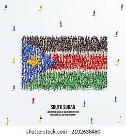 South Sudan Flag. A Large Group Of People Form To Create The Shape Of The South Sudan Flag. Vector Illustration.