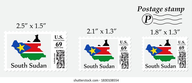 Mapa de la bandera de Sudán del Sur en el sello postal de diferente tamaño.