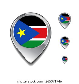 South Sudan flag map pointer. 3d Map Pointer with flag glossy button style on gray background