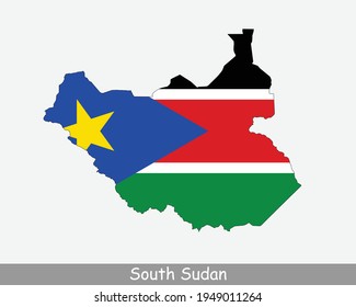South Sudan Flag Map. Map of the Republic of South Sudan with the South Sudanese national flag isolated on a white background. Vector Illustration. svg