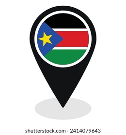 South Sudan flag on map pinpoint icon isolated. Flag of South Sudan