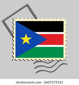 
South Sudan flag postage stamp. Isolated vector illustration on grey post stamp background