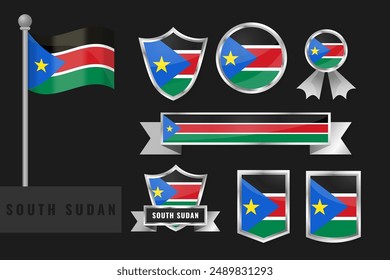 Bandera de Sudán del Sur puesta. Colección de emblemas nacionales de Sudán del Sur. Diseño plano de banderas colección