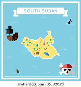 South Sudan flat treasure map. Colorful cartoon treasure map of South Sudan with flat icons of pirate ship, jolly roger, treasure chest and banner ribbon. Flat design vector illustration.