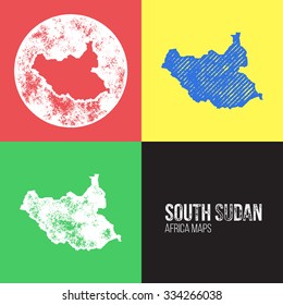 South Sudan Grunge Retro Maps - Africa - Three silhouettes South Sudan maps with different unique letterpress vector textures - Infographic and geography resource