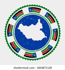 South Sudan grunge stamp. Round logo with map and flag of South Sudan. Country stamp. Vector illustration.