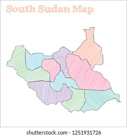 South Sudan hand-drawn map. Colorful sketchy country outline. Classic South Sudan map with provinces. Vector illustration.