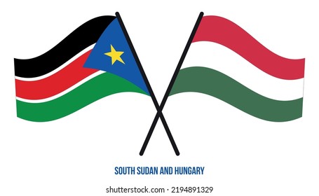 South Sudan and Hungary Flags Crossed And Waving Flat Style. Official Proportion. Correct Colors.