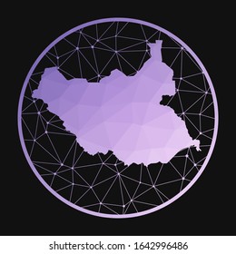 South Sudan icon. Vector polygonal map of the country. South Sudan icon in geometric style. The country map with purple low poly gradient on dark background.