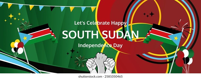 South Sudan Independence Day modern long banner. 9th July Happy National Day. Holiday joyful party concept in flag colors. Nice for event, festival, feast, support, greeting and marketing tourism