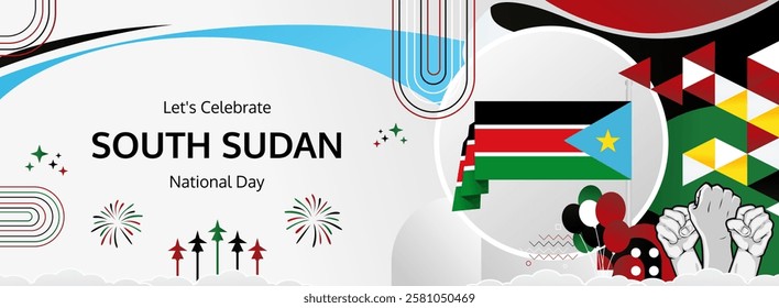 South Sudan Independence Day modern long banner. 9th July Happy National Day. Holiday joyful party concept in flag colors. Nice for event, festival, feast, support, greeting and marketing tourism