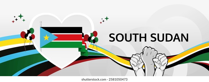 South Sudan Independence Day modern long banner. 9th July Happy National Day. Holiday joyful party concept in flag colors. Nice for event, festival, feast, support, greeting and marketing tourism