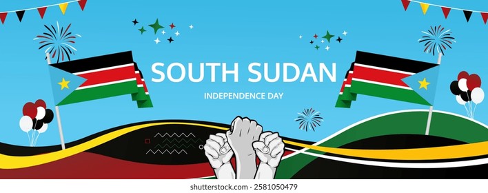 South Sudan Independence Day modern long banner. 9th July Happy National Day. Holiday joyful party concept in flag colors. Nice for event, festival, feast, support, greeting and marketing tourism