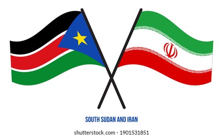 South Sudan and Iran Flags Crossed And Waving Flat Style. Official Proportion. Correct Colors.