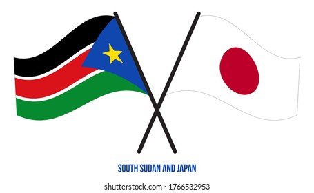 South Sudan and Japan Flags Crossed And Waving Flat Style. Official Proportion. Correct Colors.