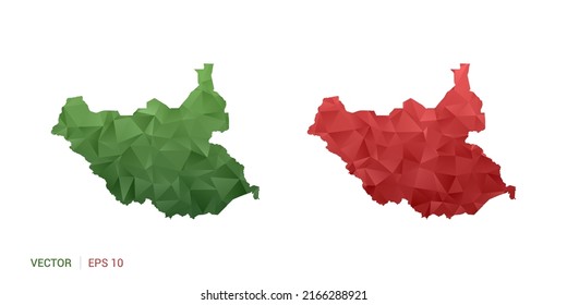 Mapa de Sudán del Sur de polígono vector abstracto conjunto color verde y rojo de la pareja.