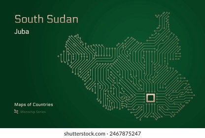 South Sudan Map with a capital of Juba Shown in a Microchip Pattern with processor. E-government. World Countries vector maps. Microchip Series