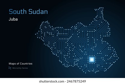 South Sudan Map with a capital of Juba Shown in a Microchip Pattern with processor. E-government. World Countries vector maps. Microchip Series