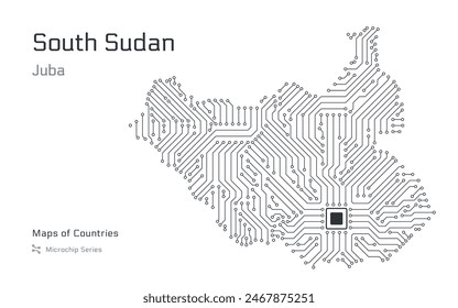 South Sudan Map with a capital of Juba Shown in a Microchip Pattern with processor. E-government. World Countries vector maps. Microchip Series