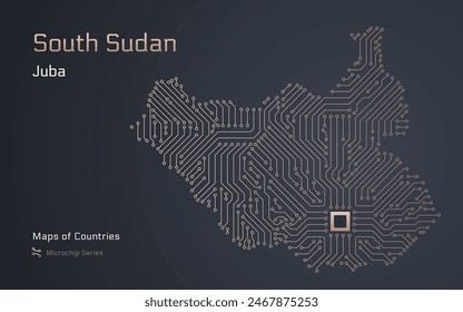 South Sudan Map with a capital of Juba Shown in a Microchip Pattern with processor. E-government. World Countries vector maps. Microchip Series