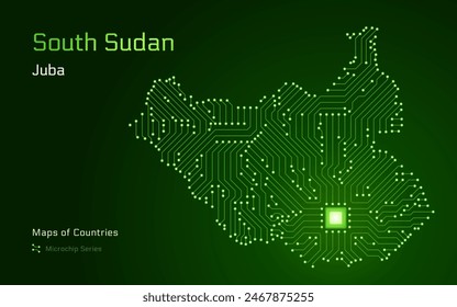 South Sudan Map with a capital of Juba Shown in a Microchip Pattern with processor. E-government. World Countries vector maps. Microchip Series