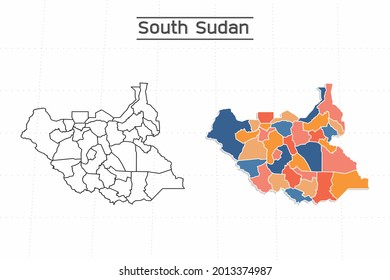 Südsudan-Karte Stadtvektor geteilt durch bunte Umrisse Einfachheit Stil. Haben Sie 2 Versionen, schwarz dünne Linie Version und farbenfrohe Version. Beide Karten waren auf weißem Hintergrund.