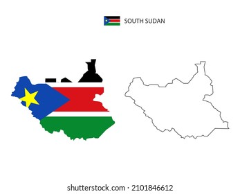 South Sudan map city vector divided by outline simplicity style. Have 2 versions, black thin line version and color of country flag version. Both map were on the white background.