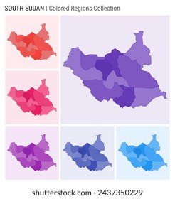 Colección de mapas de Sudán del Sur. Forma de país con regiones de color. Paletas de colores Deep Purple, Red, Pink, Purple, Indigo, Blue. Frontera de Sudán del Sur con las provincias para su infografía.