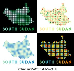 South Sudan map. Collection of maps of South Sudan in dotted style. Borders of the country filled with rectangles for your design. Vector illustration.