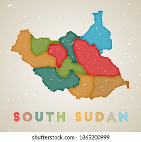 South Sudan map. Country poster with colored regions. Old grunge texture. Vector illustration of South Sudan with country name.