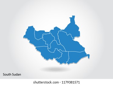 South Sudan map design with 3D style. Blue South Sudan map and National flag. Simple vector map with contour, shape, outline, on white.